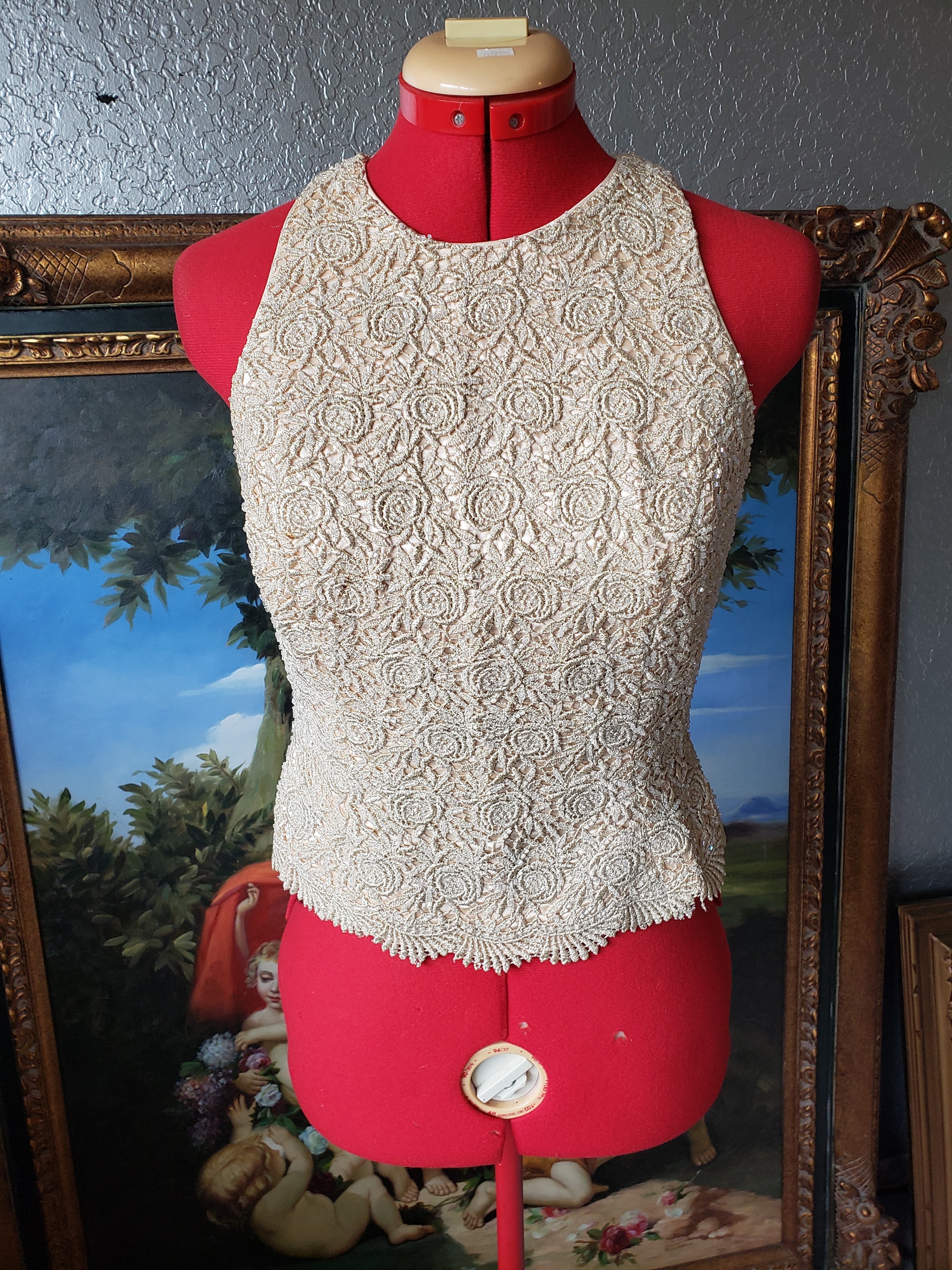 Carmen Marc Valvo Cream Beaded Halter Top